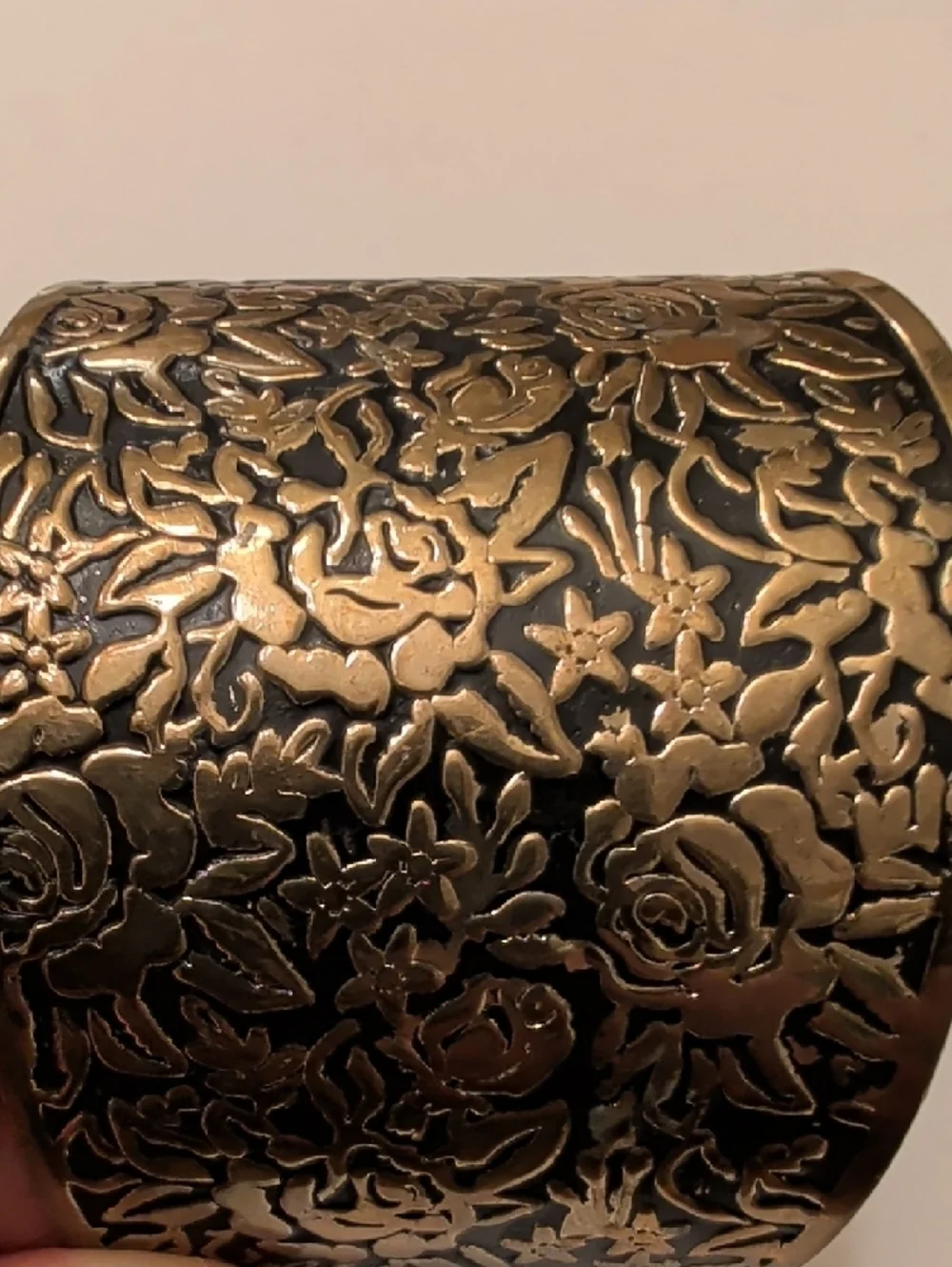 Handcrafted Floral Embossed Wide Cuff Bracelet - Bronze Tone - Picture 4 of 11
